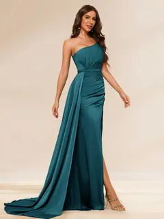 Sheath/Column One-Shoulder Long Evening Dresses with Split Side & Ruched — LV35426818 — view 1