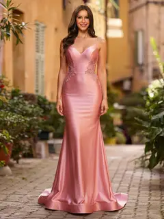 Trumpet/Mermaid Spaghetti Straps V-Neck Long Prom Dresses with Applique & Lace — view 1