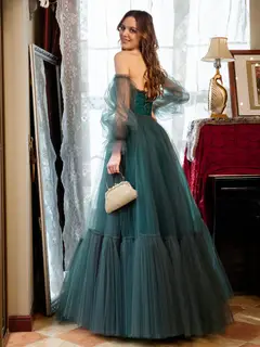 A-Line/Princess Tulle Sweetheart Long Prom Dresses — view 2