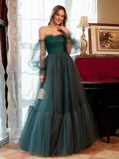 A-Line/Princess Tulle Sweetheart Long Prom Dresses — view 3