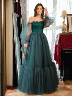 A-Line/Princess Tulle Sweetheart Long Prom Dresses — view 4