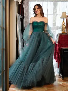A-Line/Princess Tulle Sweetheart Long Prom Dresses — view 5