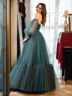 A-Line/Princess Tulle Sweetheart Long Prom Dresses — view 7
