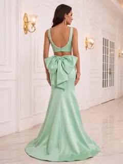 Trumpet/Mermaid Scoop Sleeveless Sweep Train Evening Dresses with Beading & Bowknot — view 2