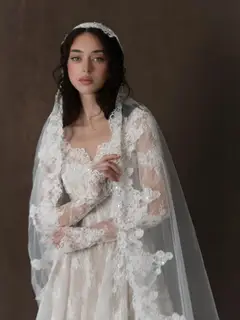 Whimsical Lace V-Neck Long Sleeve with Veil — SW276 Ivory wedding dress, full-length side view