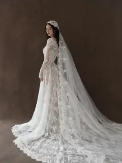 Whimsical Lace V-Neck Long Sleeve with Veil — SW276 Ivory wedding dress, view 4