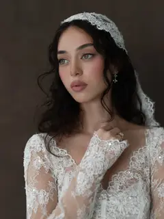 Whimsical Lace V-Neck Long Sleeve with Veil — SW276 Ivory wedding dress, view 5