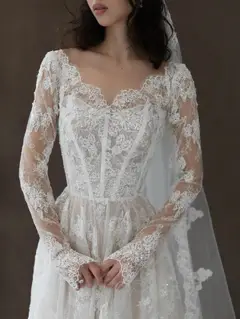 Whimsical Lace V-Neck Long Sleeve with Veil — SW276 Ivory wedding dress, view 6