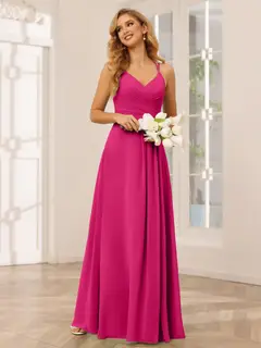 A-Line/Princess V-Neck Sleeveless Floor-Length Bridesmaid Dresses with Ruffles — LV31814453 — view 1