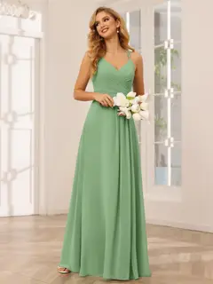 A-Line/Princess V-Neck Sleeveless Floor-Length Bridesmaid Dresses with Ruffles — LV31814453 — view 18
