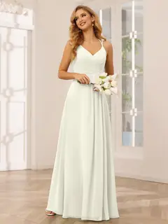 A-Line/Princess V-Neck Sleeveless Floor-Length Bridesmaid Dresses with Ruffles — LV31814453 — view 23