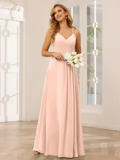 A-Line/Princess V-Neck Sleeveless Floor-Length Bridesmaid Dresses with Ruffles — LV31814453 — view 30