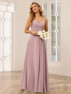 A-Line/Princess V-Neck Sleeveless Floor-Length Bridesmaid Dresses with Ruffles — LV31814453 — view 32
