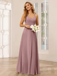 A-Line/Princess V-Neck Sleeveless Floor-Length Bridesmaid Dresses with Ruffles — LV31814453 — view 33