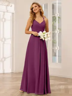 A-Line/Princess V-Neck Sleeveless Floor-Length Bridesmaid Dresses with Ruffles — LV31814453 — view 45
