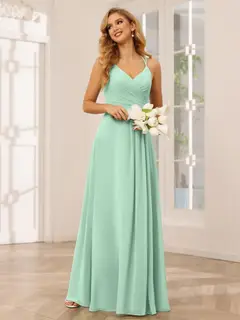 A-Line/Princess V-Neck Sleeveless Floor-Length Bridesmaid Dresses with Ruffles — LV31814453 — view 62