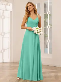 A-Line/Princess V-Neck Sleeveless Floor-Length Bridesmaid Dresses with Ruffles — LV31814453 — view 63