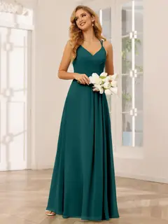 A-Line/Princess V-Neck Sleeveless Floor-Length Bridesmaid Dresses with Ruffles — LV31814453 — view 67