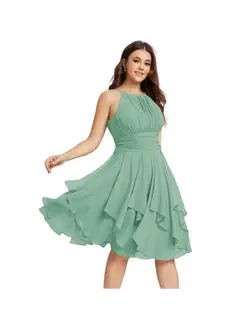 A-Line/Princess Halter Sleeveless Short/Mini Bridesmaid Dresses Chiffon Ruffle Pleated Pockets — view 4