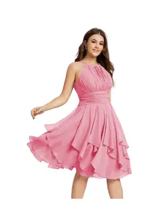 A-Line/Princess Halter Sleeveless Short/Mini Bridesmaid Dresses Chiffon Ruffle Pleated Pockets — view 15