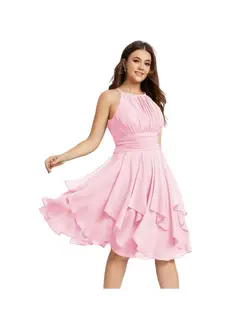 A-Line/Princess Halter Sleeveless Short/Mini Bridesmaid Dresses Chiffon Ruffle Pleated Pockets — view 16