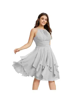 A-Line/Princess Halter Sleeveless Short/Mini Bridesmaid Dresses Chiffon Ruffle Pleated Pockets — view 17
