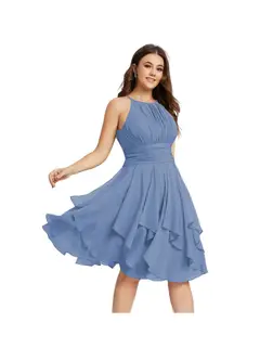 A-Line/Princess Halter Sleeveless Short/Mini Bridesmaid Dresses Chiffon Ruffle Pleated Pockets — view 18