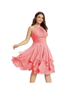 A-Line/Princess Halter Sleeveless Short/Mini Bridesmaid Dresses Chiffon Ruffle Pleated Pockets — view 31