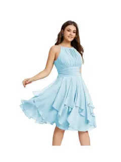 A-Line/Princess Halter Sleeveless Short/Mini Bridesmaid Dresses Chiffon Ruffle Pleated Pockets — view 42