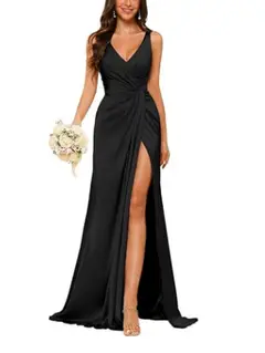 Sheath V-Neck Sleeveless Floor-Length Bridesmaid Dress with Ruched — view 2