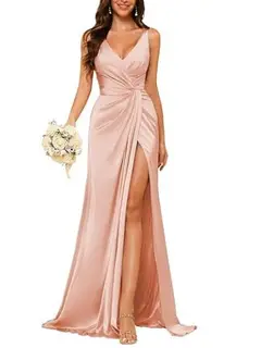 Sheath V-Neck Sleeveless Floor-Length Bridesmaid Dress with Ruched — view 4