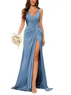 Sheath V-Neck Sleeveless Floor-Length Bridesmaid Dress with Ruched — view 9