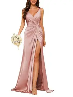 Sheath V-Neck Sleeveless Floor-Length Bridesmaid Dress with Ruched — view 10