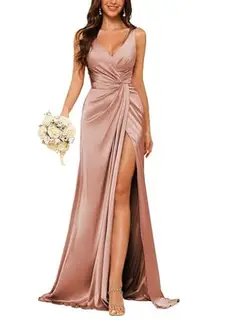 Sheath V-Neck Sleeveless Floor-Length Bridesmaid Dress with Ruched — view 12