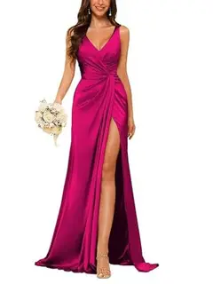 Sheath V-Neck Sleeveless Floor-Length Bridesmaid Dress with Ruched — view 15