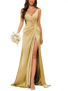 Sheath V-Neck Sleeveless Floor-Length Bridesmaid Dress with Ruched — view 16