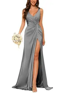 Sheath V-Neck Sleeveless Floor-Length Bridesmaid Dress with Ruched — view 17