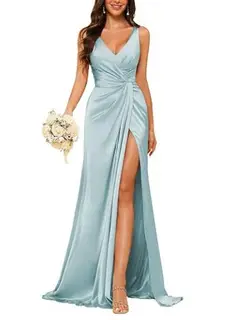 Sheath V-Neck Sleeveless Floor-Length Bridesmaid Dress with Ruched — view 19