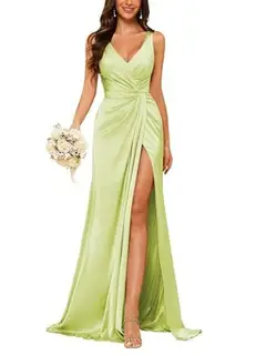 Sheath V-Neck Sleeveless Floor-Length Bridesmaid Dress with Ruched — view 21