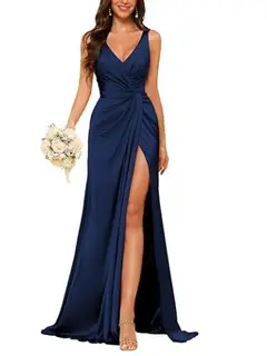 Sheath V-Neck Sleeveless Floor-Length Bridesmaid Dress with Ruched — view 23