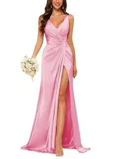 Sheath V-Neck Sleeveless Floor-Length Bridesmaid Dress with Ruched — view 27