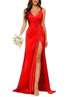 Sheath V-Neck Sleeveless Floor-Length Bridesmaid Dress with Ruched — view 30