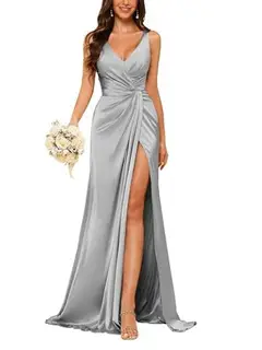 Sheath V-Neck Sleeveless Floor-Length Bridesmaid Dress with Ruched — view 32