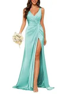 Sheath V-Neck Sleeveless Floor-Length Bridesmaid Dress with Ruched — view 33