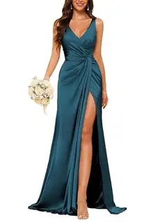 Sheath V-Neck Sleeveless Floor-Length Bridesmaid Dress with Ruched — view 34