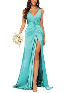 Sheath V-Neck Sleeveless Floor-Length Bridesmaid Dress with Ruched — view 35