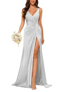 Sheath V-Neck Sleeveless Floor-Length Bridesmaid Dress with Ruched — view 36