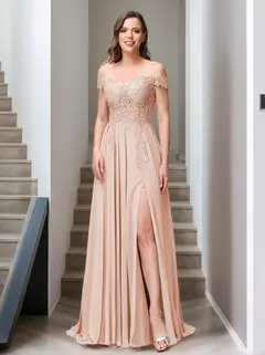 A-Line/Princess Off-the-Shoulder Sleeveless Long Bridesmaid Dresses with Side Slit & Appliqued — view 1