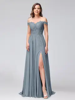A-Line/Princess Off-the-Shoulder Sleeveless Long Bridesmaid Dresses with Side Slit & Appliqued — view 8