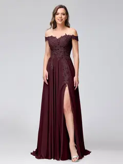 A-Line/Princess Off-the-Shoulder Sleeveless Long Bridesmaid Dresses with Side Slit & Appliqued — view 12